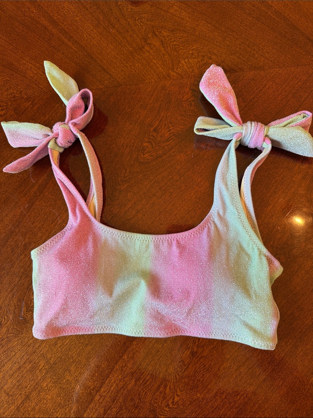 Kids Tie-Shoulder Shimmer Swim Top in Pink & Green